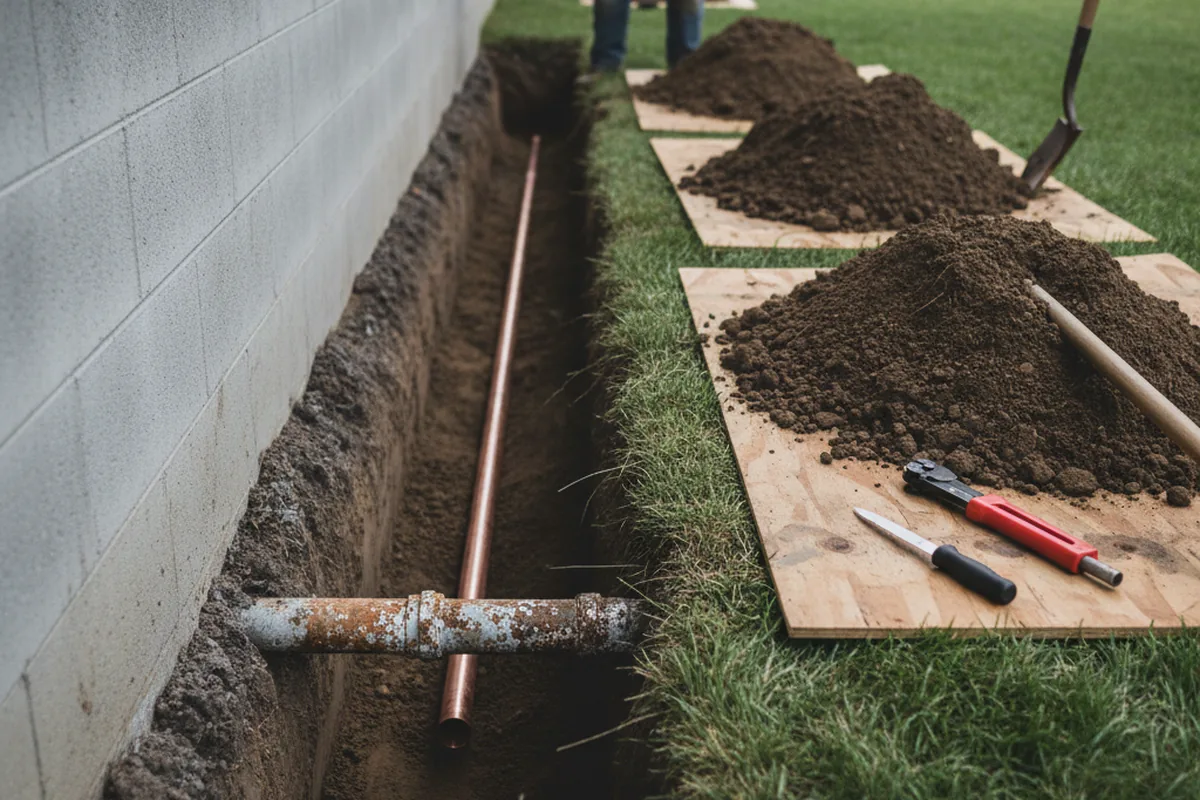 Excavated water line trench during Sewer Line Repair in Oak Ridge